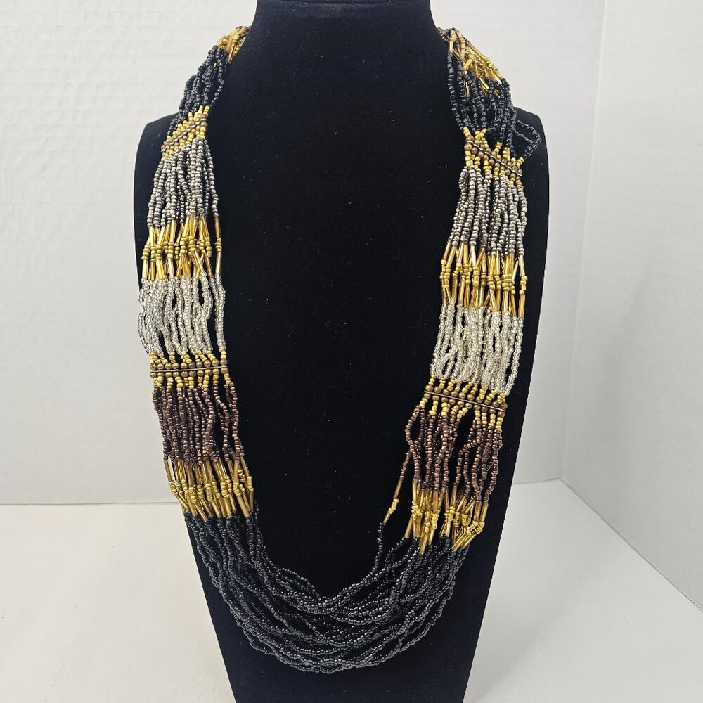 Beaded Statement Necklace Multistrand Brown Black Clear Seeded Women Jewelry